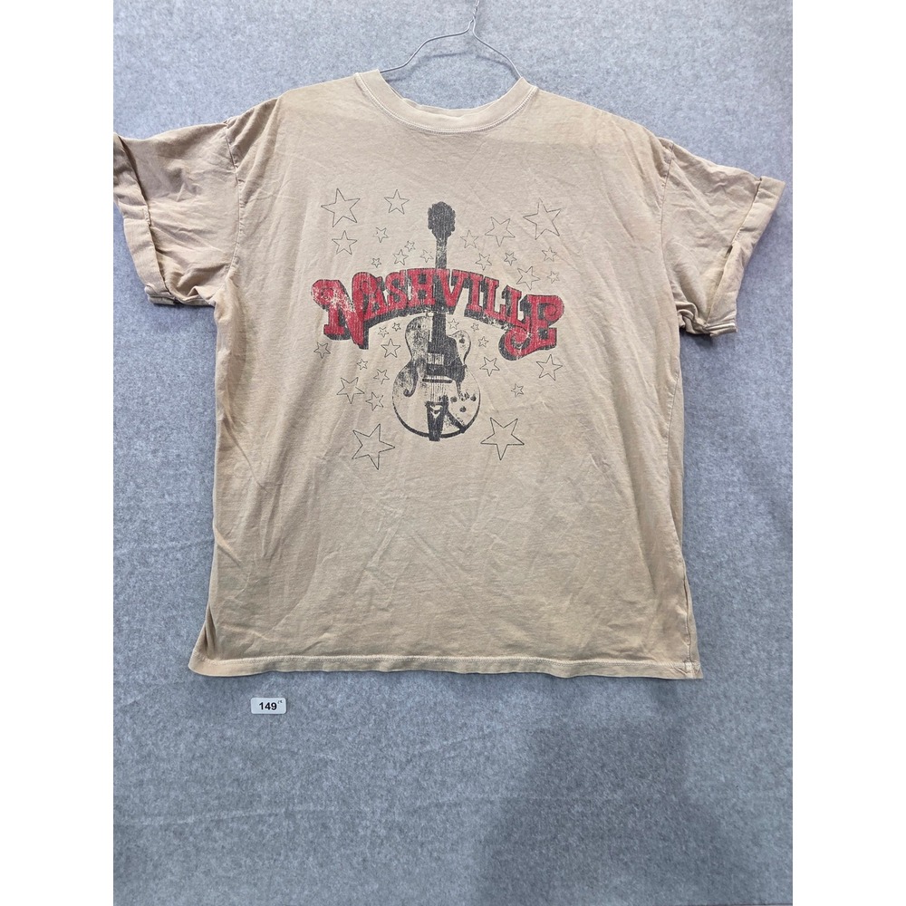 Altar'd State Nashville Guitar Graphic T-Shirt‎ Tan Beige Mens Large Distressed
